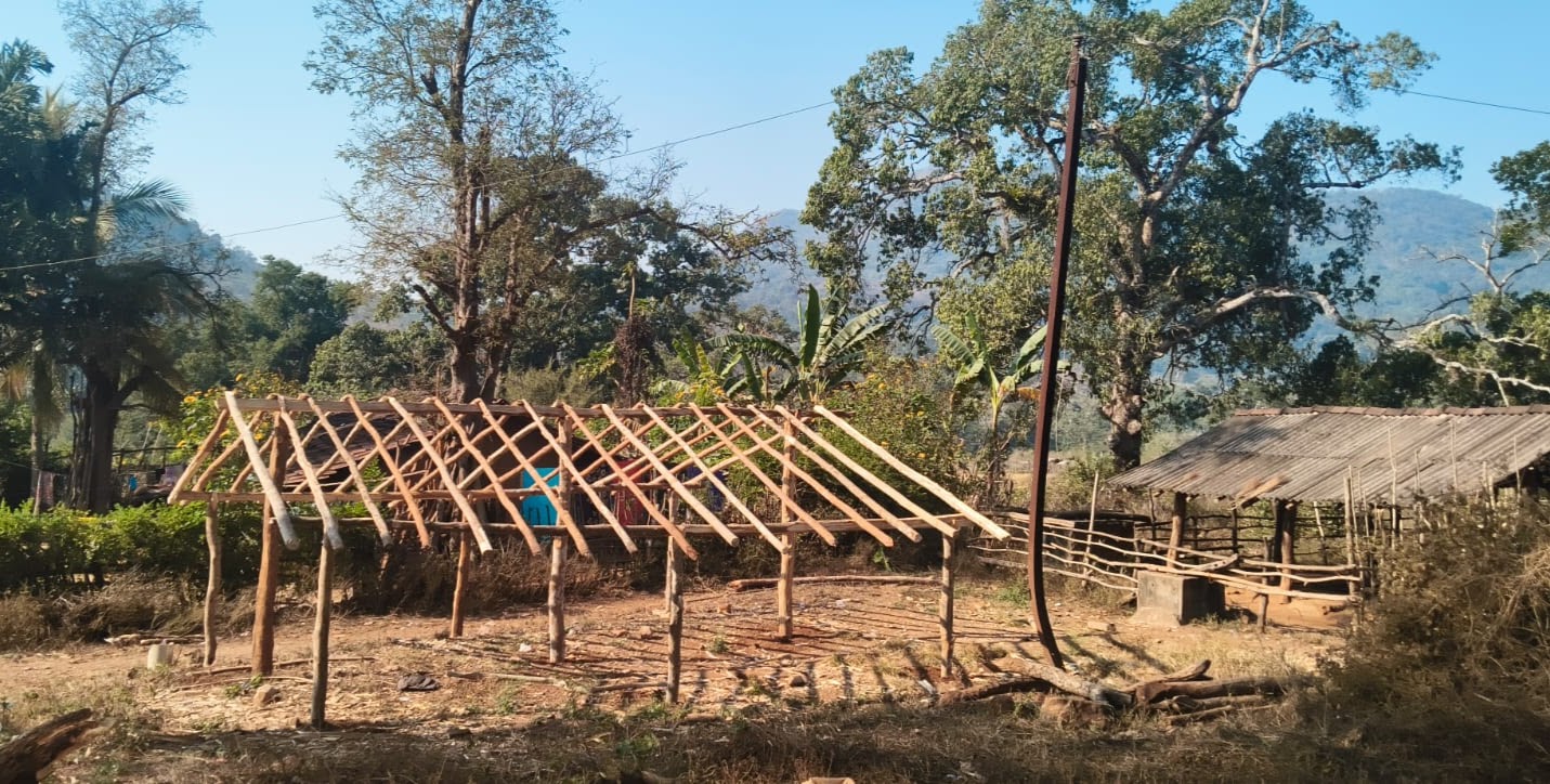 Church frame in the forest before roofing
